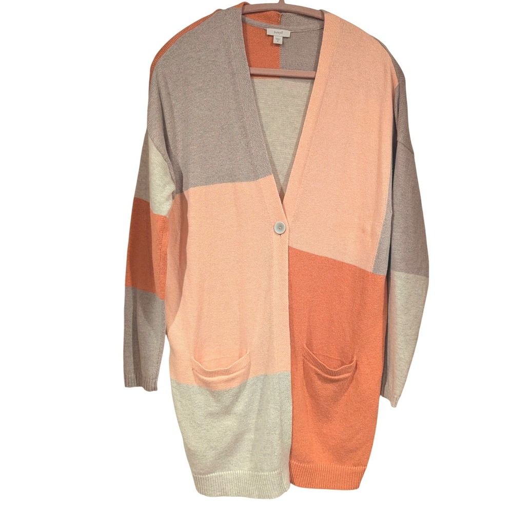 Pure Jill J. Jill Colorblock Cardigan Sweater Peach Coral Grey Longline Womens M